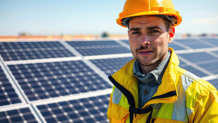Professional Engineer Wearing Helmet and Jacket at Solar Panels Site