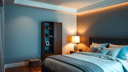 Interior of bedroom with knitted plaid on bed and glowing lamps.Generative AI