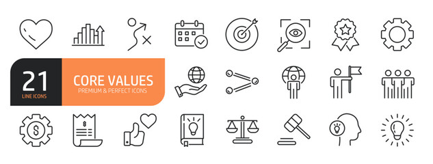 Set of line icons related to core values, innovation, quality, responsibility, teamwork, reliability, focus, honesty icon and more. Outline icons collection. Editable stroke. Vector illustration.