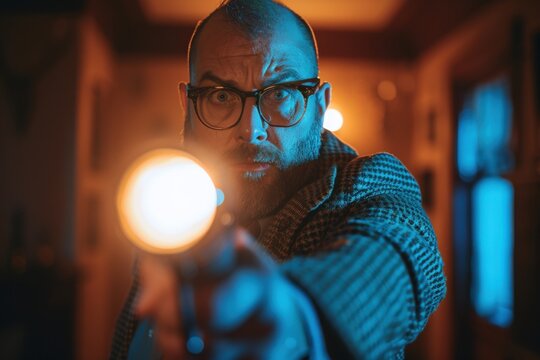 A determined investigator is holding a flashlight, searching for clues in a dimly lit room, capturing a moment of suspense and intrigue.