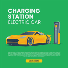 electric car poster with charging station. flat design illustration