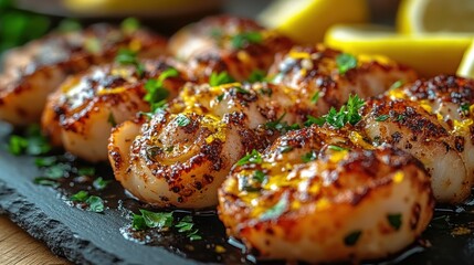 Roasted scallops with lemon zest and parsley on a dark stone plate.