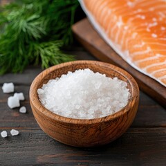Fresh Salmon and Sea Salt on Wooden Table