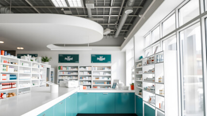 At chemist, Medicines arranged in shelves, Pharmacy drugstore retail Interior. Generative AI