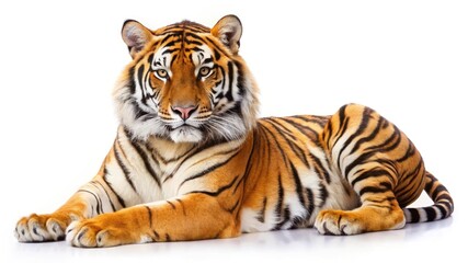 Obraz premium Striped Bengal tiger, a powerful wild cat, isolated on a white background