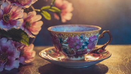 Floral pattern on a ceramic teacup with soft lighting