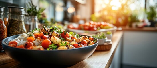 Obraz premium Healthy Buddha bowl with roasted vegetables and rice.