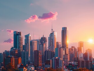 Fototapeta premium A stunning city skyline at sunset with skyscrapers bathed in warm hues and a serene sky with a few clouds.