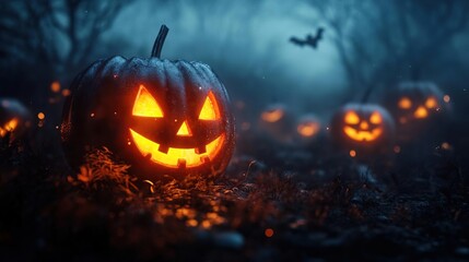 a pumpkin with a glowing face in the middle of a field