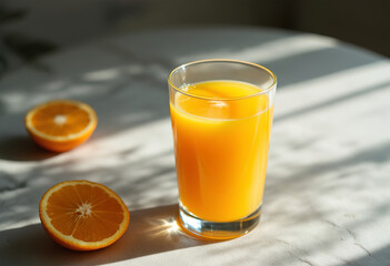 A medium shot of a glass filled with orange juice