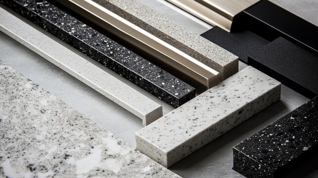 A collection of various stone and metal samples for design and architectural purposes.