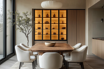  The minimalist Japandi dining setup featuring a long wooden table and a wooden chair. The rustic glass cabinet in the background 