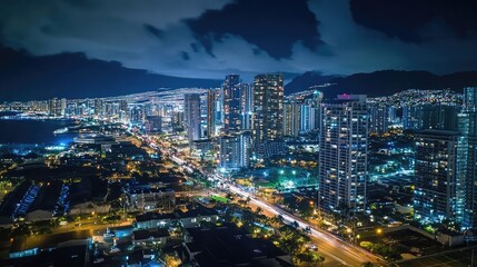 Naklejka premium Clean energy cityscape illuminated by LED lights and solar power