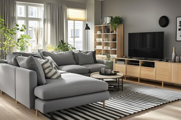 Fototapeta premium A warn relax sofa in a studio apartment, showcasing Japanese and Scandinavian interior design with TV space of living room 