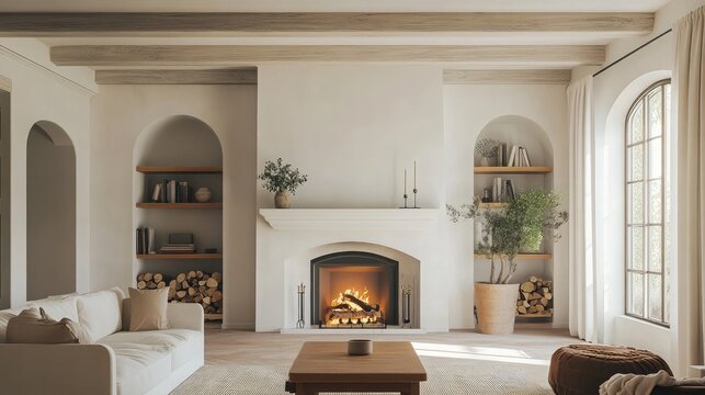Classic Spanish living room with a white beamed ceiling and a central fireplace as the focal point