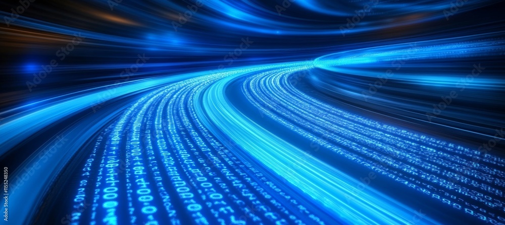 Poster abstract technology background with blue stream of binary code data flowing in cyberspace