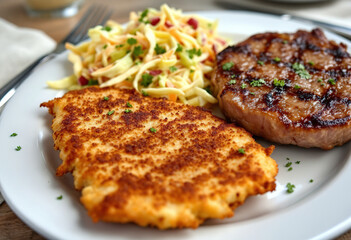 a plate with a breaded wiener schnitzel, a cooked meat steak, and a coleslaw salad