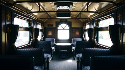Traditional steam train seating cabin with patterned upholstery, overhead luggage racks, and brass details. Generative AI