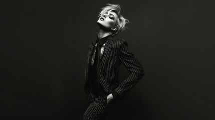 Fashion Editorial Portrait: A female model, wearing black neck tie, pin stripped black blazer and pants, against a dark  background. Smokey make-up. Elegant. black and white image. 