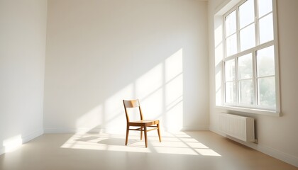 Fototapeta premium Empty Room with Wooden Chair Sunlight and a Large Window