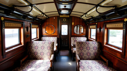 Fototapeta premium Traditional steam train seating cabin with patterned upholstery, overhead luggage racks, and brass details. Generative AI