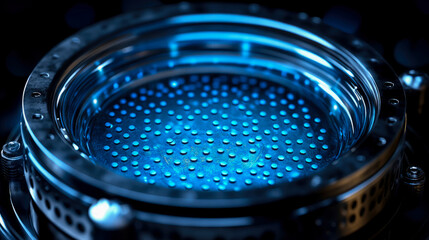 Close-up of a circular metallic device with glowing blue interior