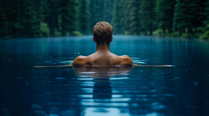 Fototapeta premium Man swimming in tranquil forest lake during rain