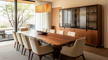 A light oak dining table and chairs sit against a soft beige wall, complemented by a minimal white countertop kitchen. The mid-century Scandinavian home 