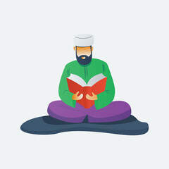 a Muslim man reading the holy book. flat design illustration