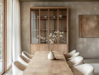 Fototapeta premium The minimalist Japandi dining setup featuring a long wooden table and a wooden chair. The rustic glass cabinet in the background 