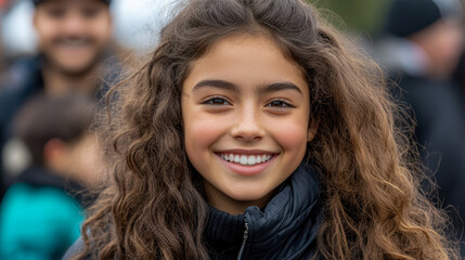 Portrait of a smiling girl with long brown curly hair
