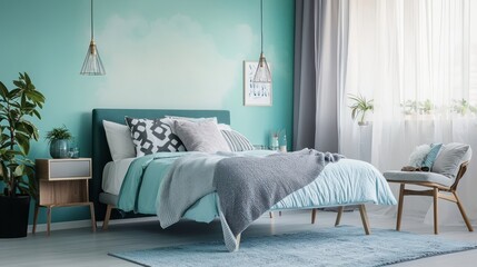 Chic bedroom with gradient teal walls transitioning to sky blue, minimalist furniture, and soft decor for a calming effect.