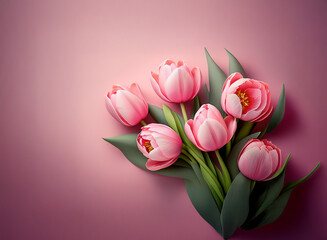 Obraz premium A bouquet of delicate pink tulips arranged on a soft pink background. The image evokes feelings of springtime and celebration.