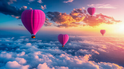 Obraz premium Heart-shaped Hot Air Balloons Soaring Above a Sea of Clouds at Sunset