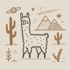 Hand drawn llama in desert with cactus and simple beige background