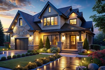 3D Render Night House Close Up Exterior Architecture Design Home Lighting