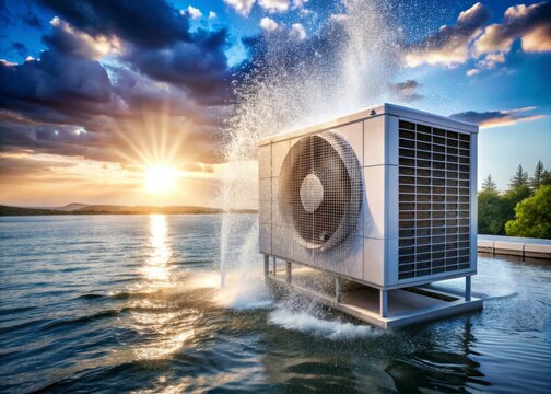 3D Render: Outdoor VRV Air Conditioner Over Water - Action Shot - Realistic Cooling System