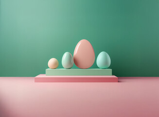 Fototapeta premium Pastel-colored eggs of varying sizes rest on pink and green platforms against a teal backdrop. A minimalist, spring-themed arrangement.