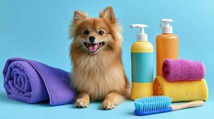 Fototapeta na wymiar Pets Care and Grooming Concept, Bright and Organized Pet Grooming Kit with Eco-Friendly Products for Dog Care