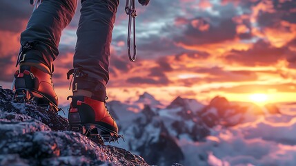Obraz premium Climbers boots on a mountain at sunset