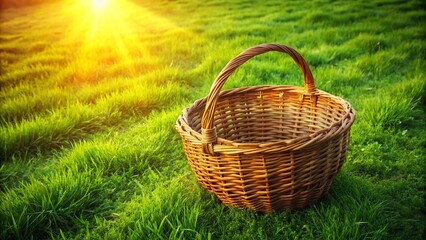 Aerial View Woven Basket Green Background - High Angle Photography, Nature Scene,  Overhead Shot,  Rustic Basket, Spring, Summer
