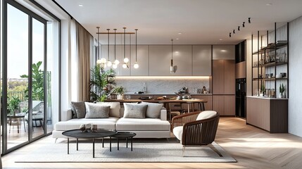 Modern Nordic Scandinavian home interior design. Bright open space living room with dinner table, kitchen furniture, chairs, decorations. Elegant apartment for rent ... 
