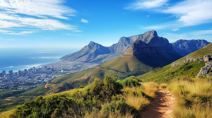 Obraz premium Exploring Table Mountain's hiking paths in Cape Town with incredible views of Lions Head and vibrant landscapes