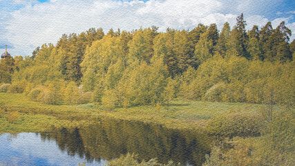 Painting of a forest with a river running through it