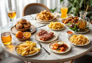 A marble table in a casual dining setting is adorned with a variety of food items and beverages