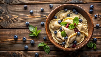 Blueberry Dumplings Pierogi Vareniki Clay Bowl Overhead Flat Lay Food Photography