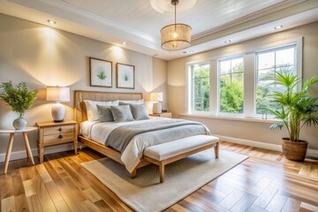 Fototapeta premium Bright Airy Wooden Bedroom Worm's Eye View - Generative AI Art