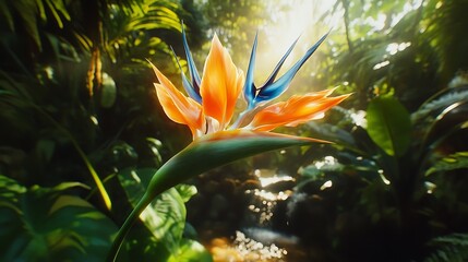 Vibrant bird of paradise flower in lush tropical rainforest.