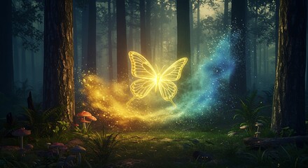 golden butterfly surrounded by swirling magical dust in a fantasy forest.