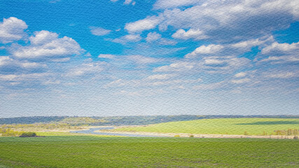 Fototapeta premium Beautiful blue sky with a few clouds and a green field